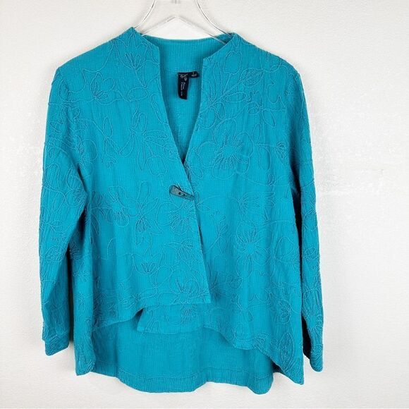 Focus Casual Life Blue Lagen Look Blouse Jacket Small Embroidered Textured Top - Picture 1 of 8